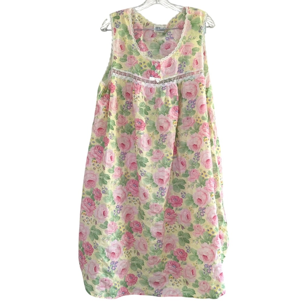 Character Pink Rose Floral Yellow Seersucker Lace Trim Nightgown Womens 1X boho
